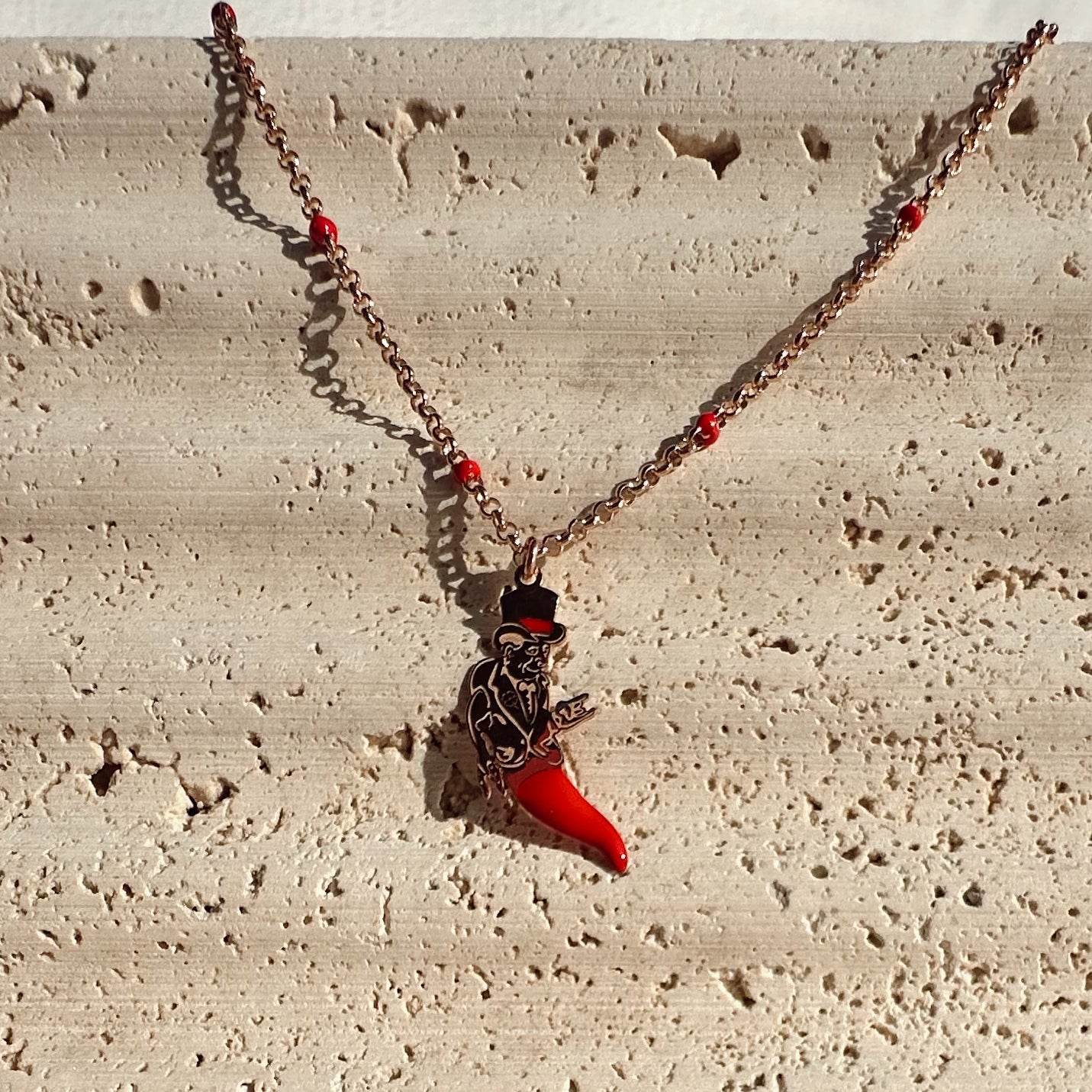 Portafortuna Necklace con Gobbo e Corno Rosso Argento 925
